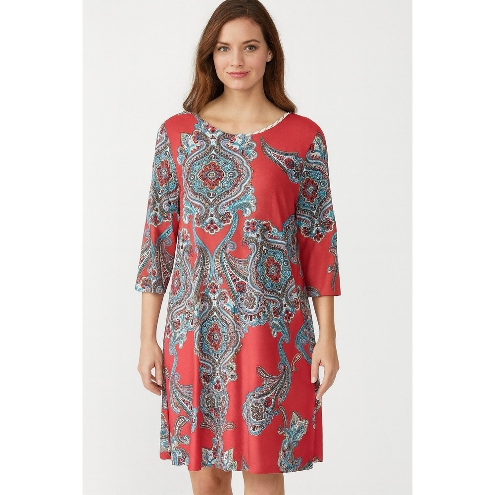 Pink Coconut Boutique Red Paisley Print 3/4 Sleeve Shift Dress Large Made in USA